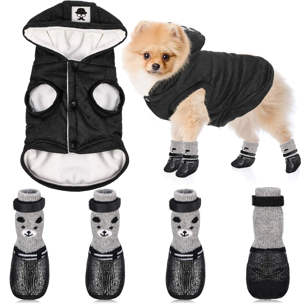 Hooded Dog Coat and Dog Cat Boots Shoes Socks Stylish Puppy Clothes Warm Dog Jacket Waterproof Dog Shoes for Small Puppy (GreyM)