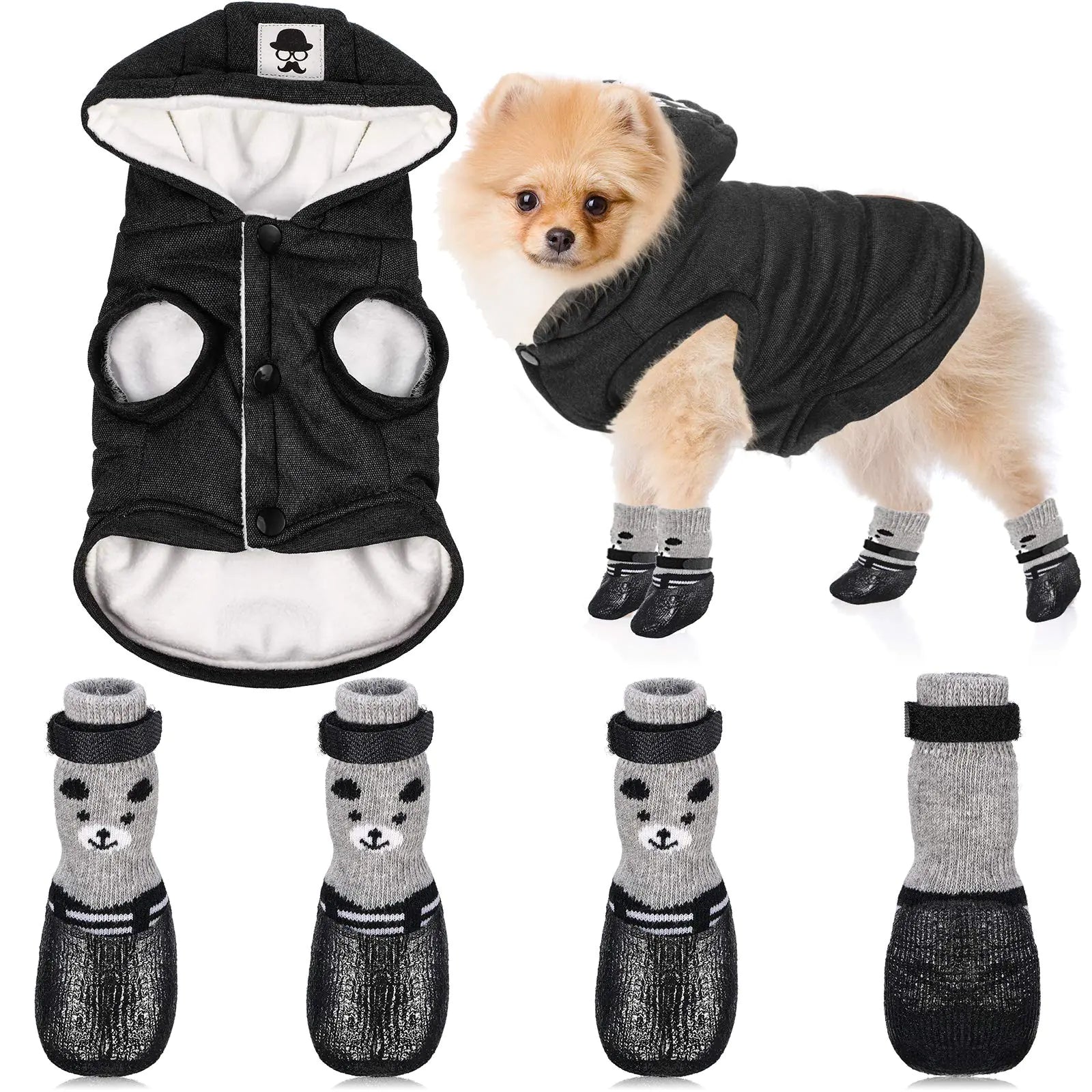 Hooded Dog Coat and Dog Cat Boots Shoes Socks Stylish Puppy Clothes Warm Dog Jacket Waterproof Dog Shoes for Small Puppy (GreyM)